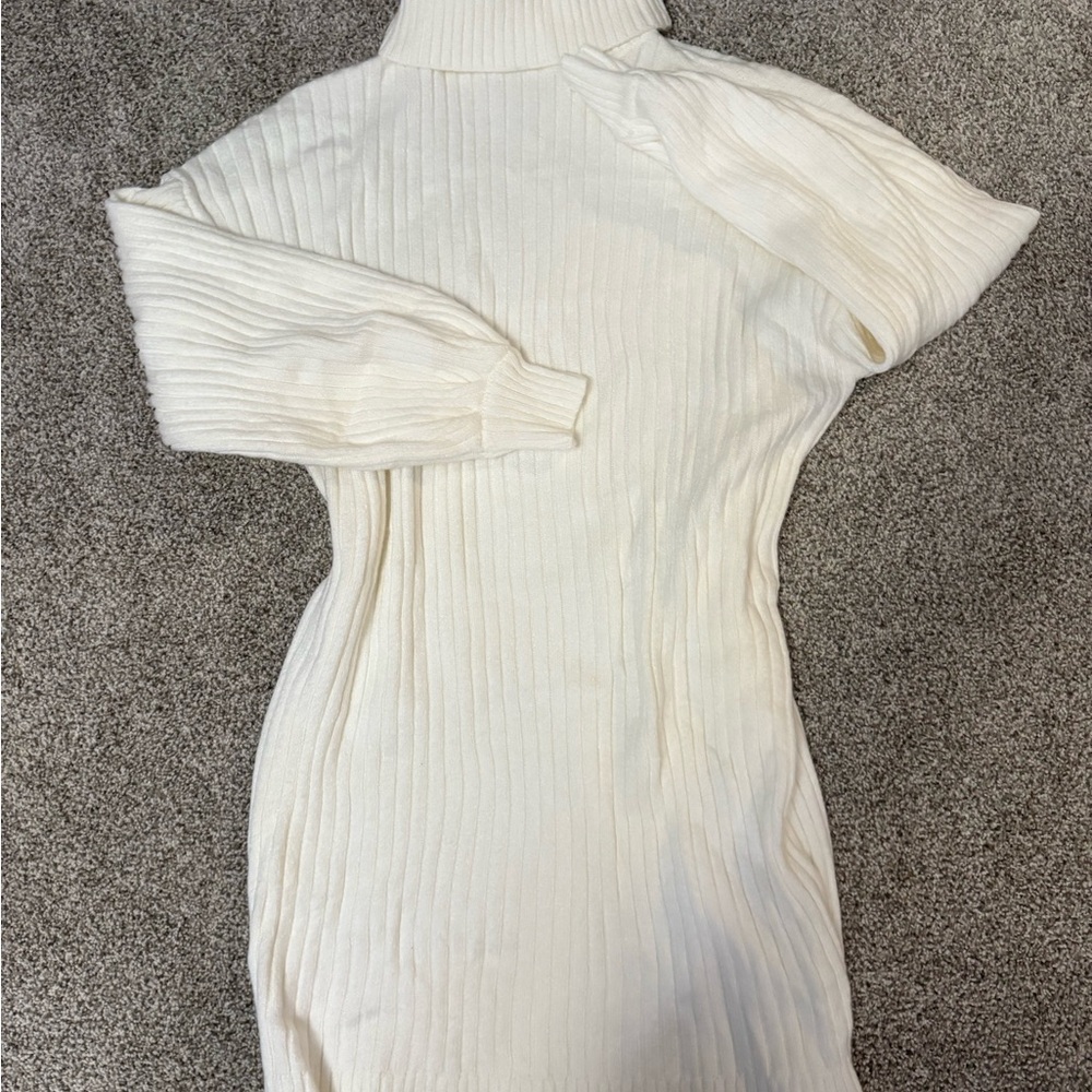 White Ribbed Turtleneck Sweater Dress